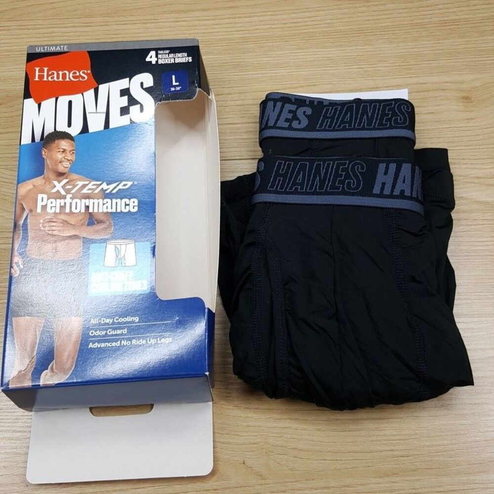 HANES Boxer Briefs Mens Large Black 2-Pack Moves Performance X-Temp Anti Chafe